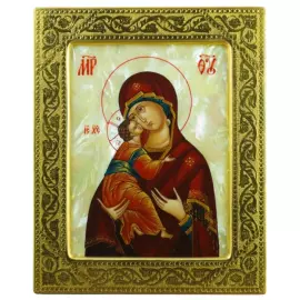 Икона "Владимирская Богоматерь" на натуральном перламутре в золотой раме