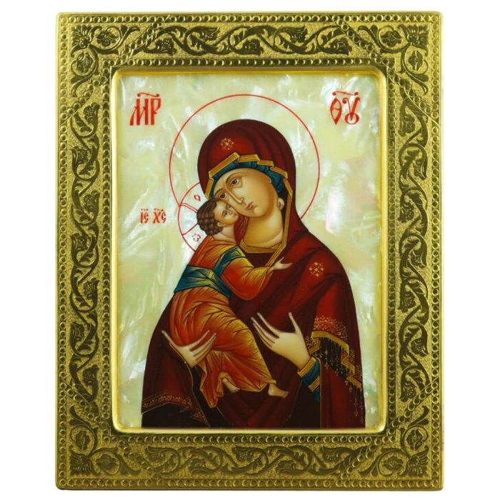 Icon of the Mother of Vladimir on natural mother of pearl in a gold frame