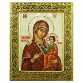 Icon of the Iverian Mother of God on natural mother of pearl in a gold frame