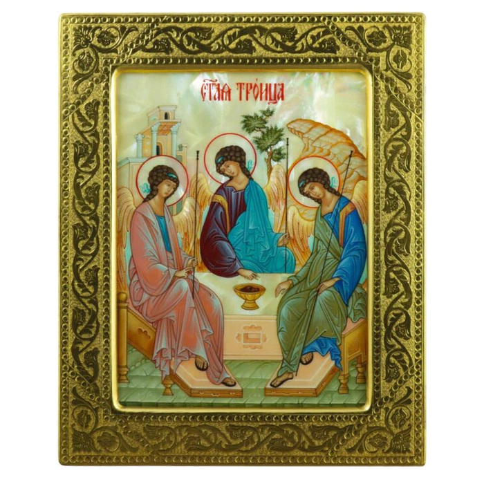 Icon of the Holy Trinity on natural mother-of-pearl in a gold frame