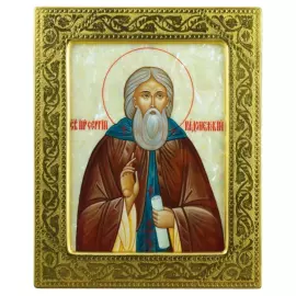 Икона "Сергий Радонежский" на натуральном перламутре в золотой раме