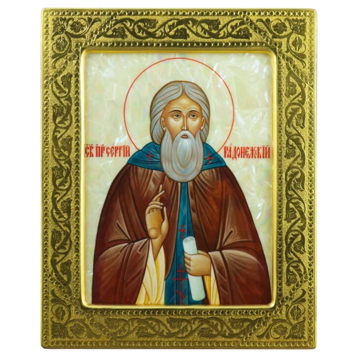 The icon "Sergius of Radonezh" on natural mother-of-pearl in a gold frame
