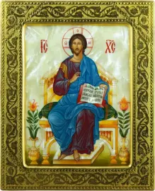 Икона "Спас на престоле" на натуральном перламутре в золотой раме Икона "Спас на престоле" на натуральном перламутре в золотой раме