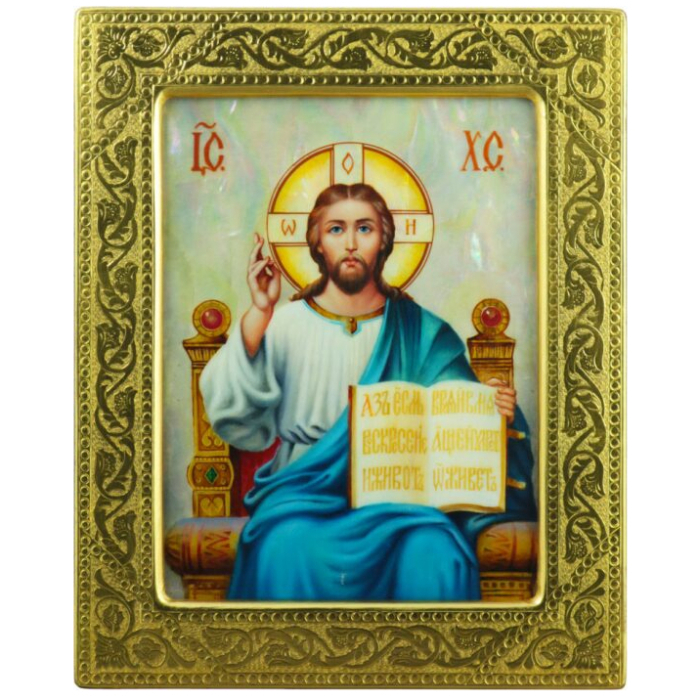 The icon of the Savior on the Throne on natural mother-of-pearl in a gold frame