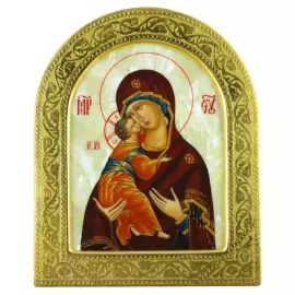 Икона "Владимирская Богоматерь" на натуральном перламутре в золотой раме (арка)