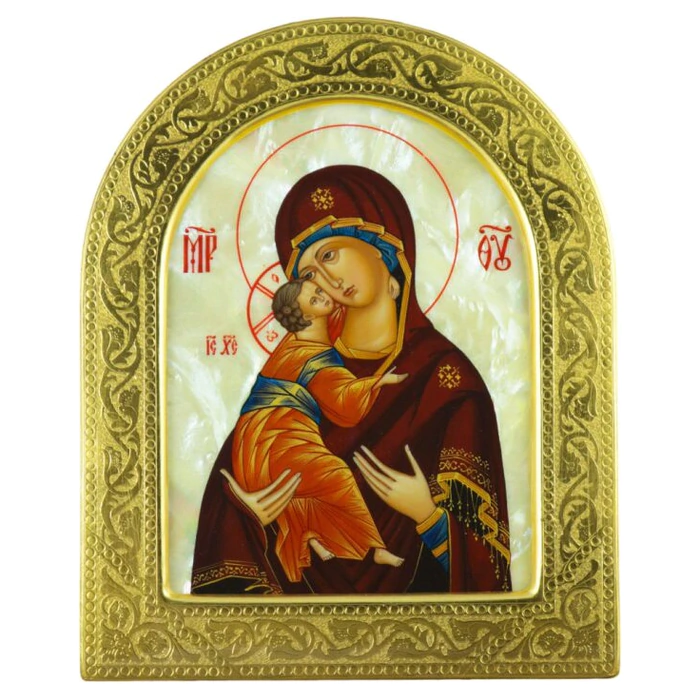 Icon of the Mother of Vladimir on natural mother of pearl in a golden frame (arch)