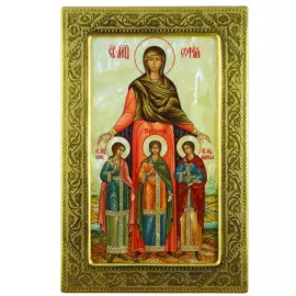 Икона "Вера, Надежда, Любовь и мать их София" в золотой раме на натуральном перламутре