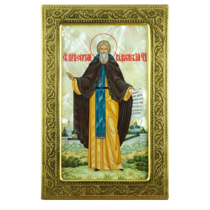 Icon "Sergius of Radonezh" in a gold frame on natural mother-of-pearl