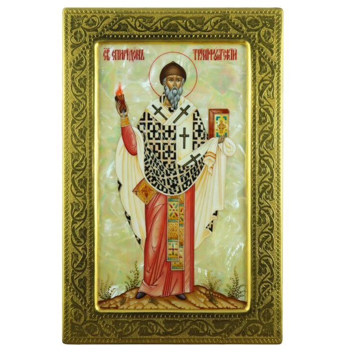 The icon "Spyridon of Trimifunt" in a gold frame on natural mother-of-pearl