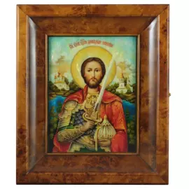Икона на натуральном перламутре "Святой благоверный князь Александр Невский" в киоте