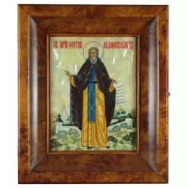 Икона на натуральном перламутре "Сергий Радонежский" в киоте