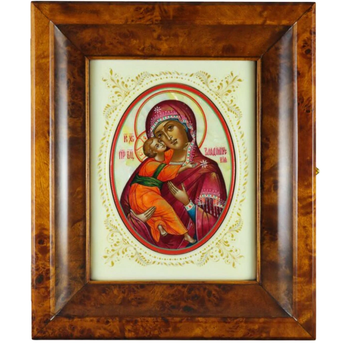 Icon on natural mother-of-pearl "Our Lady of Vladimir" in a white frame and a kiosk