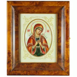 Икона на натуральном перламутре "Семистрельная Богоматерь" в белой раме и киоте
