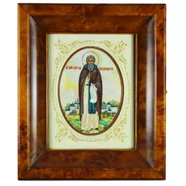 Икона на натуральном перламутре "Сергий Радонежский" в белой раме и киоте