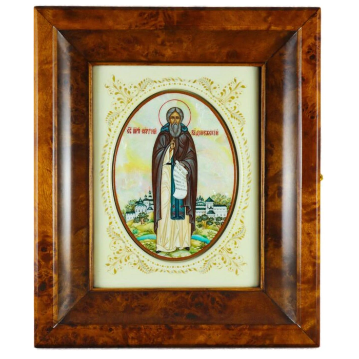 Icon on natural mother-of-pearl "Sergius of Radonezh" in a white frame and a kiosk