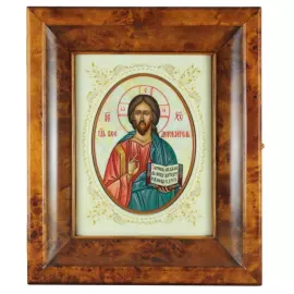 Икона на натуральном перламутре "Спаситель" в белой раме и киоте