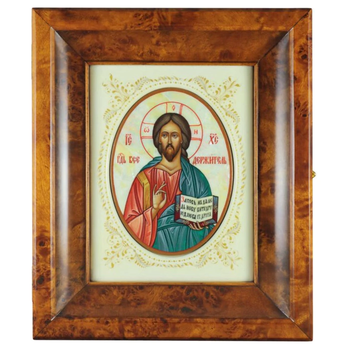 Icon on natural mother-of-pearl "Savior" in a white frame and a kiosk