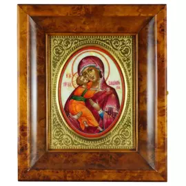 Икона на натуральном перламутре "Владимирская Богоматерь" в золотой раме и киоте