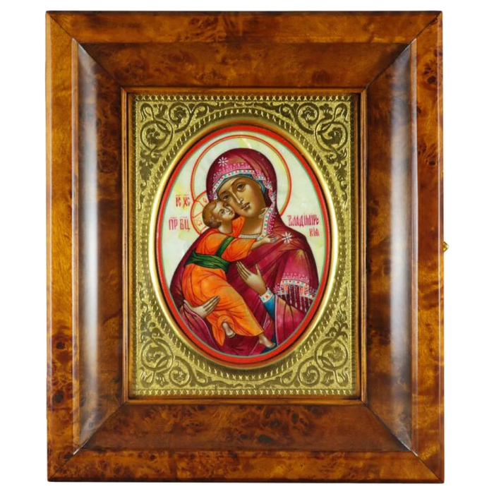 Icon on natural mother-of-pearl "Our Lady of Vladimir" in a gold frame and a kiosk