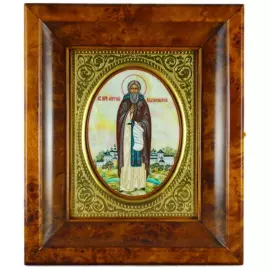 Икона на натуральном перламутре "Сергий Радонежский" в золотой раме и киоте