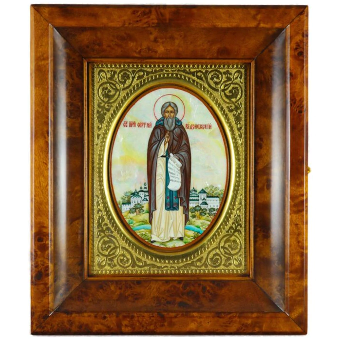 Icon on natural mother-of-pearl "Sergius of Radonezh" in a gold frame and a kiosk