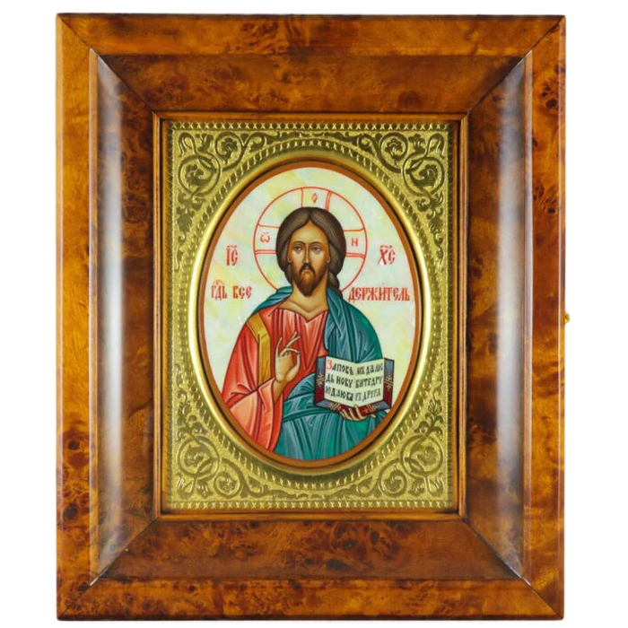 Icon on natural mother-of-pearl "Savior" in a gold frame and a kiosk