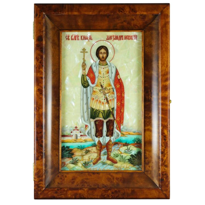 Icon in the kiosk "Holy Prince Alexander Nevsky" on natural mother-of-pearl