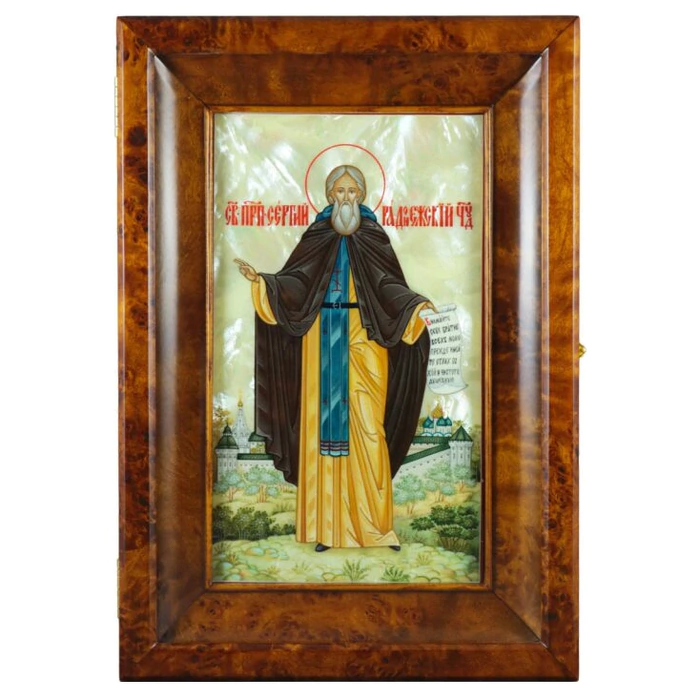 Icon in the Sergius of Radonezh kiosk on natural mother-of-pearl