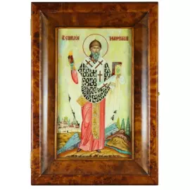 Икона в киоте "Спиридон Тримифунтский" на натуральном перламутре