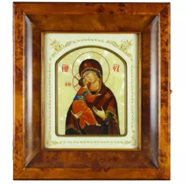 Икона в белой раме и киоте "Владимирская Богоматерь" на натуральном перламутре