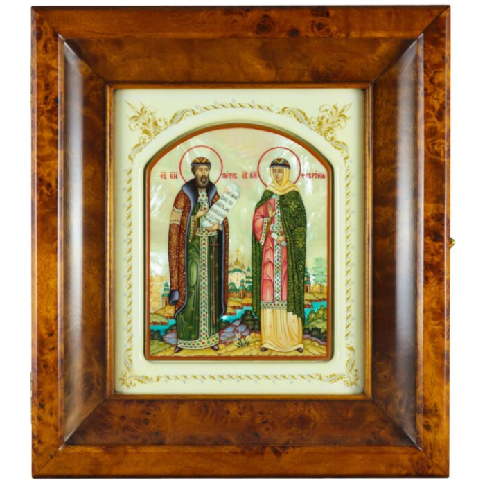 Icon in a white frame and a kiosk "Peter and Fevronia" on natural mother-of-pearl