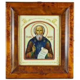 Икона в белой раме и киоте "Сергий Радонежский" на натуральном перламутре