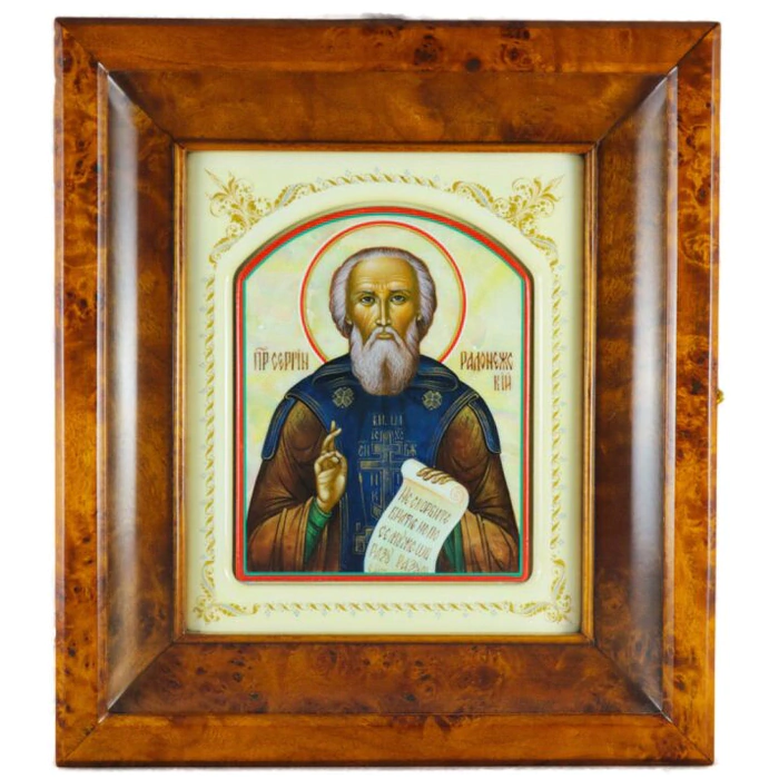 Icon in a white frame and a kiosk "Sergius of Radonezh" on natural mother-of-pearl