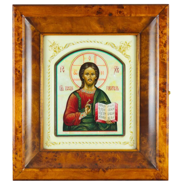 Icon in a white frame and a "Savior" kiosk on natural mother-of-pearl