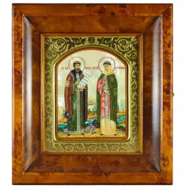 Икона в золотой раме и киоте "Пётр и Феврония" на натуральном перламутре