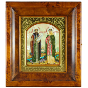 Icon in a gold frame and a kiosk "Peter and Fevronia" on natural mother-of-pearl