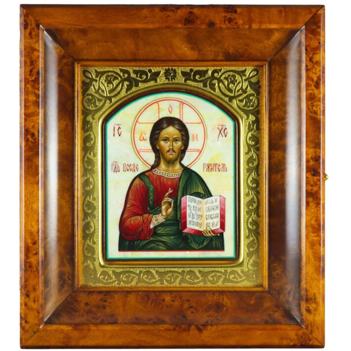 Icon in a gold frame and a "Savior" kiosk on natural mother-of-pearl