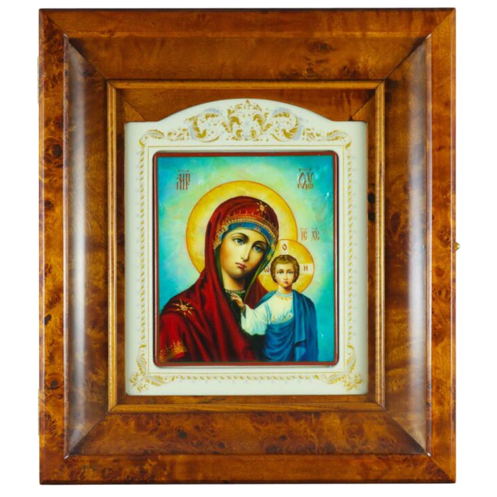 Icon of the Kazan Mother of God in a kiosk on natural mother of pearl