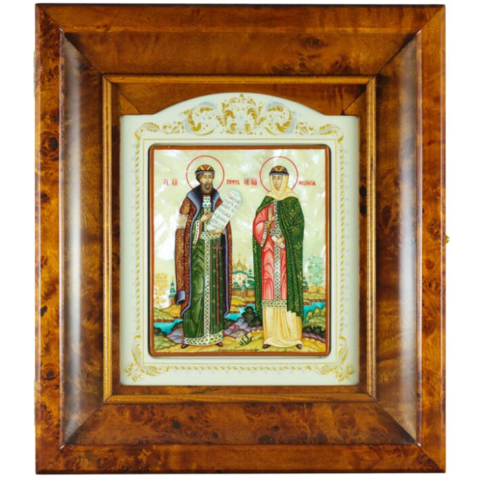 The icon "Peter and Fevronia" in a kiosk on natural mother-of-pearl