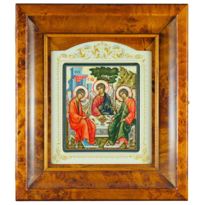 Icon of the Holy Trinity in a kiosk on natural mother-of-pearl