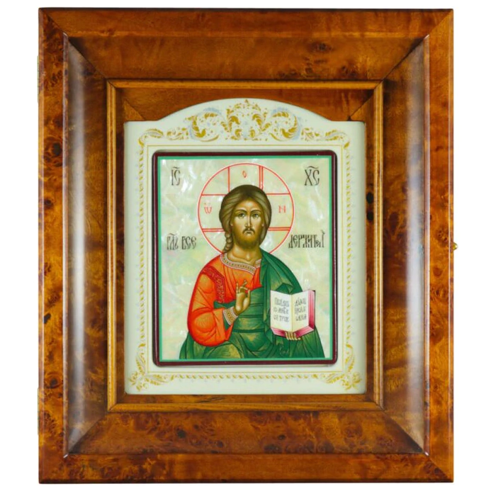 Icon "Savior" in a kiosk on natural mother of pearl