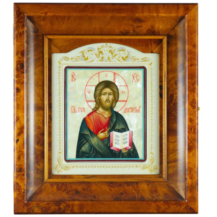 Icon "Savior" in a kiosk on natural mother-of-pearl