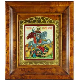 Икона "Георгий Победоносец" в золотой раме и киоте на натуральном перламутре