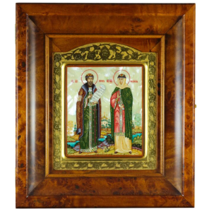 The icon "Peter and Fevronia" in a gold frame and a kiosk on natural mother-of-pearl