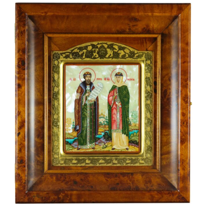 The icon "Peter and Fevronia" in a gold frame and a kiosk on natural mother-of-pearl