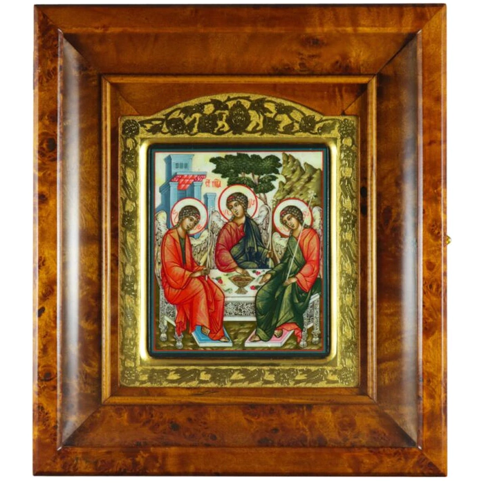 Icon of the Holy Trinity in a gold frame and a kiosk on natural mother-of-pearl