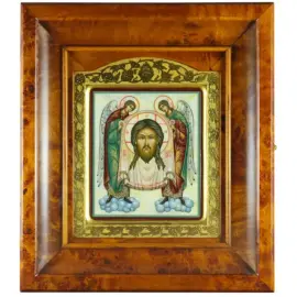 Икона "Спас Нерукотворный" в золотой раме и киоте на натуральном перламутре Икона "Спас Нерукотворный" в золотой раме и киоте на натуральном перламутре