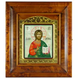 Икона "Спаситель" в золотой раме и киоте на натуральном перламутре