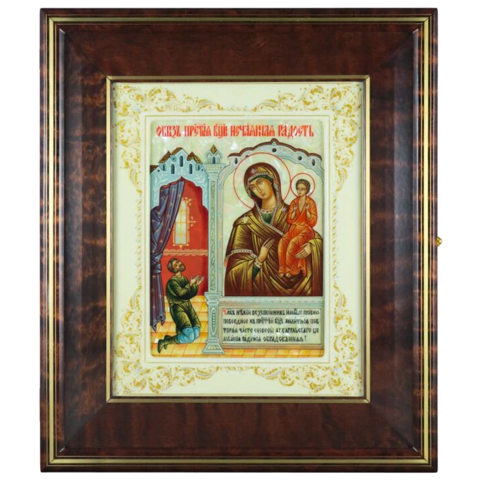 Icon "Our Lady of Unexpected Joy" in a white frame and a kiosk on natural mother-of-pearl