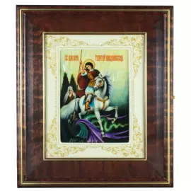 Икона "Георгий Победоносец" в белой раме и киоте на натуральном перламутре